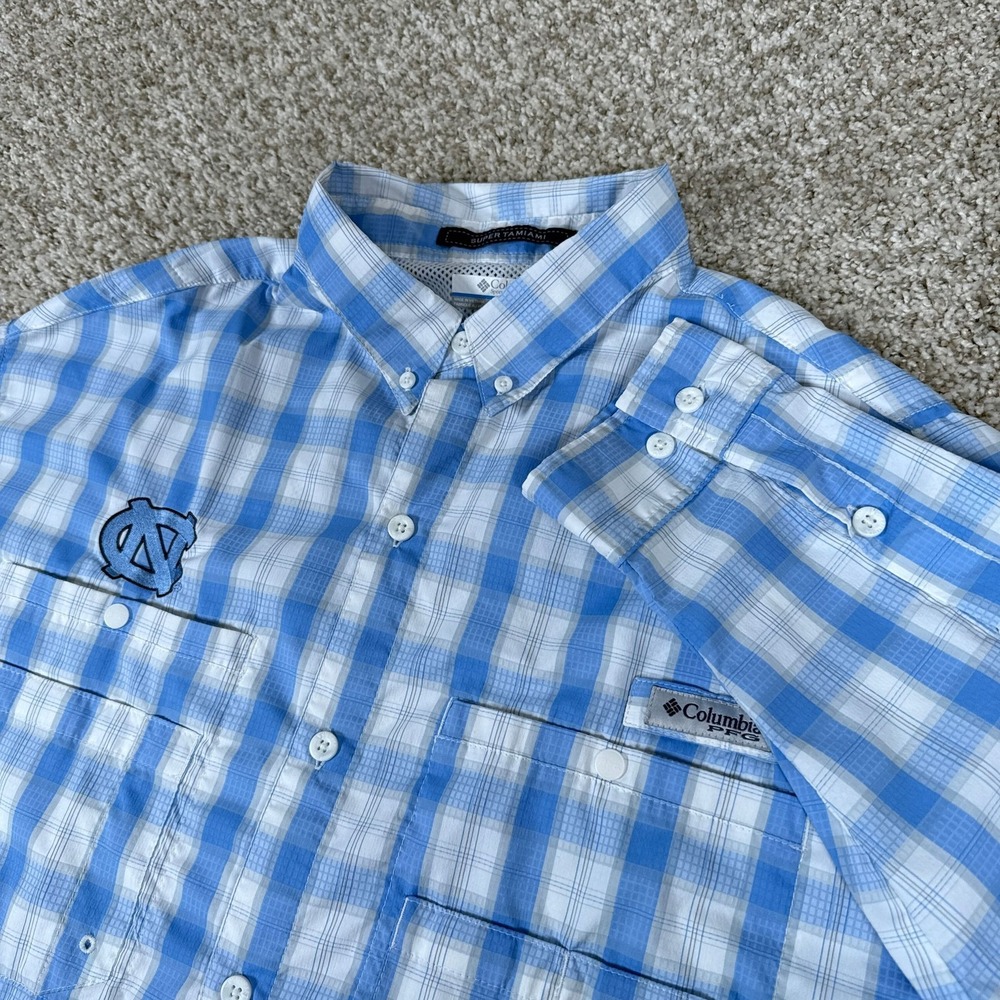 Columbia Shirt Mens XL Blue Plaid Super Tamiami PFG Button Down Fishing UNC